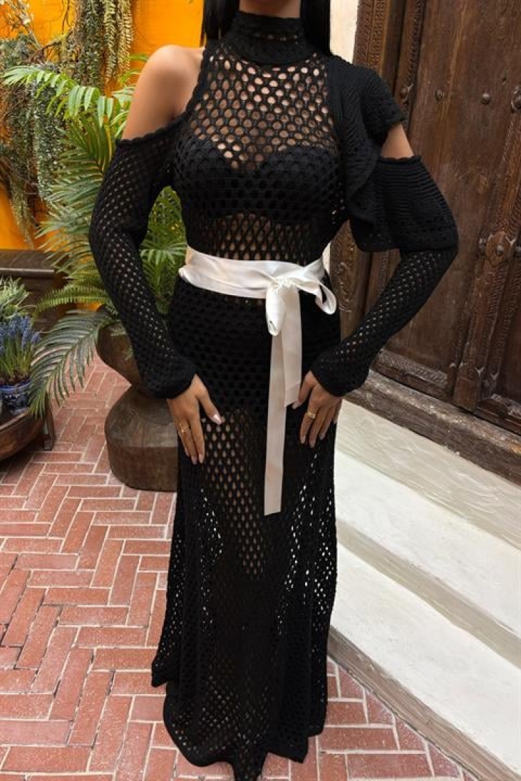 Satin Belt Openwork Knitwear Dress