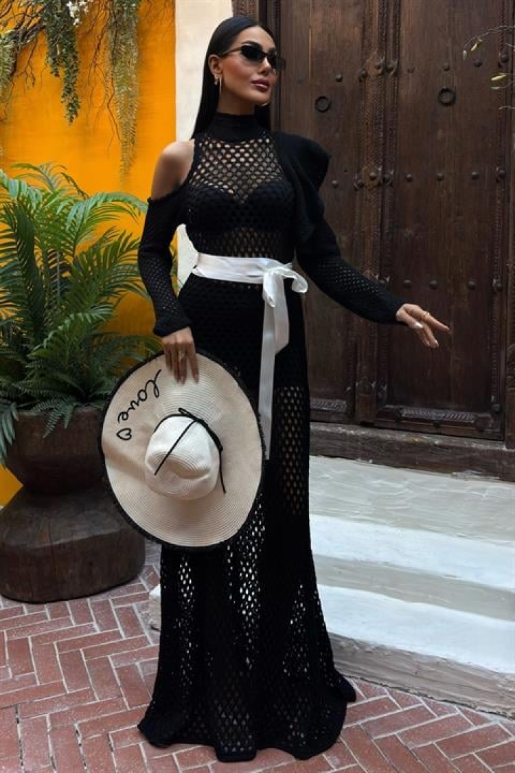 Satin Belt Openwork Knitwear Dress - Sobe Istanbul - Globality Store - Women Clothes Wholesale Turkey