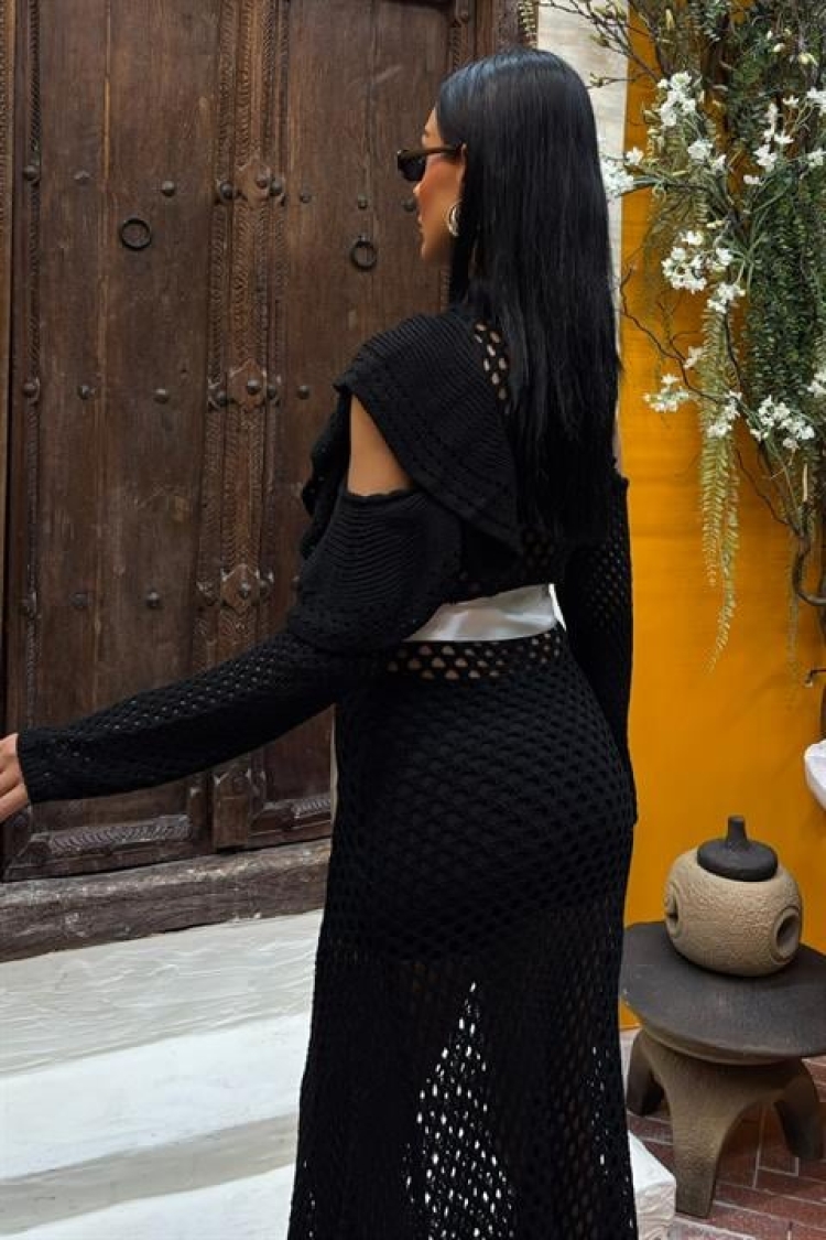 Satin Belt Openwork Knitwear Dress