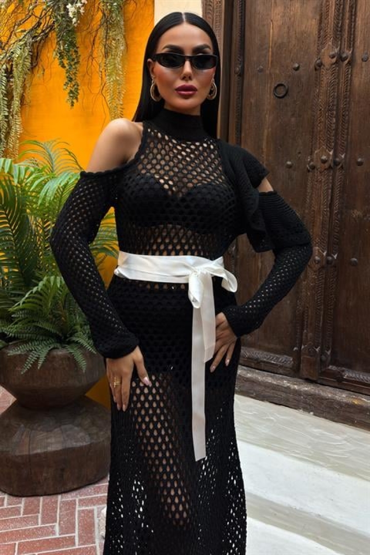 Satin Belt Openwork Knitwear Dress