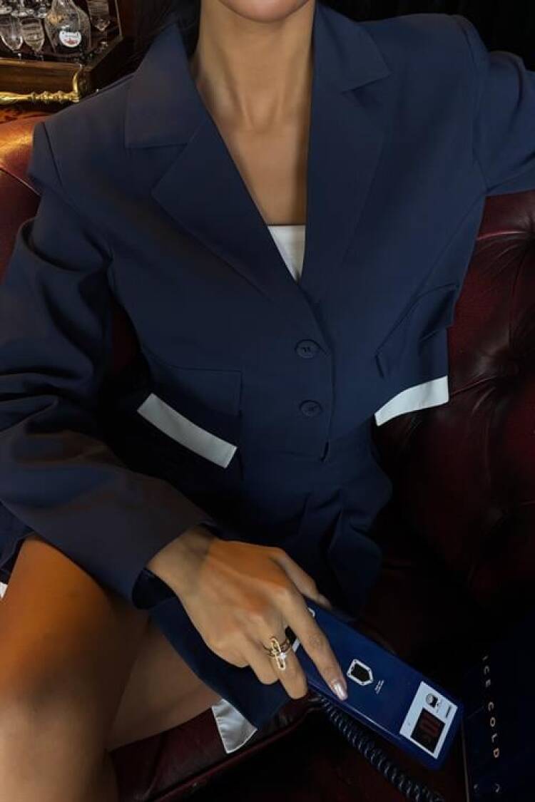 Crop Jacket And Pile Skirt Garnished Suit - Navy