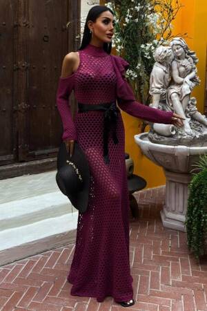 Satin Belt Openwork Knitwear Dress - Plum - Sobe Istanbul - Globality Store - Women Clothes Wholesale Turkey