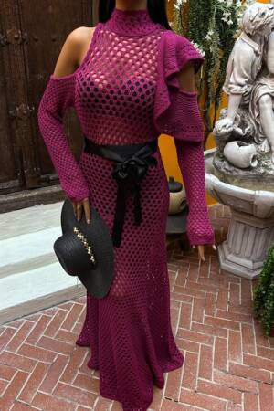 Satin Belt Openwork Knitwear Dress - Plum - Sobe Istanbul - Globality Store - Women Clothes Wholesale Turkey