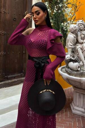 Satin Belt Openwork Knitwear Dress - Plum - Sobe Istanbul - Globality Store - Women Clothes Wholesale Turkey