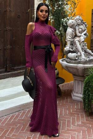 Satin Belt Openwork Knitwear Dress - Plum - Sobe Istanbul - Globality Store - Women Clothes Wholesale Turkey