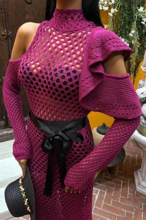 Satin Belt Openwork Knitwear Dress - Plum - Sobe Istanbul - Globality Store - Women Clothes Wholesale Turkey