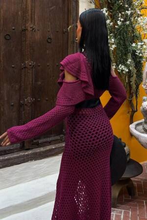 Satin Belt Openwork Knitwear Dress - Plum - Sobe Istanbul - Globality Store - Women Clothes Wholesale Turkey