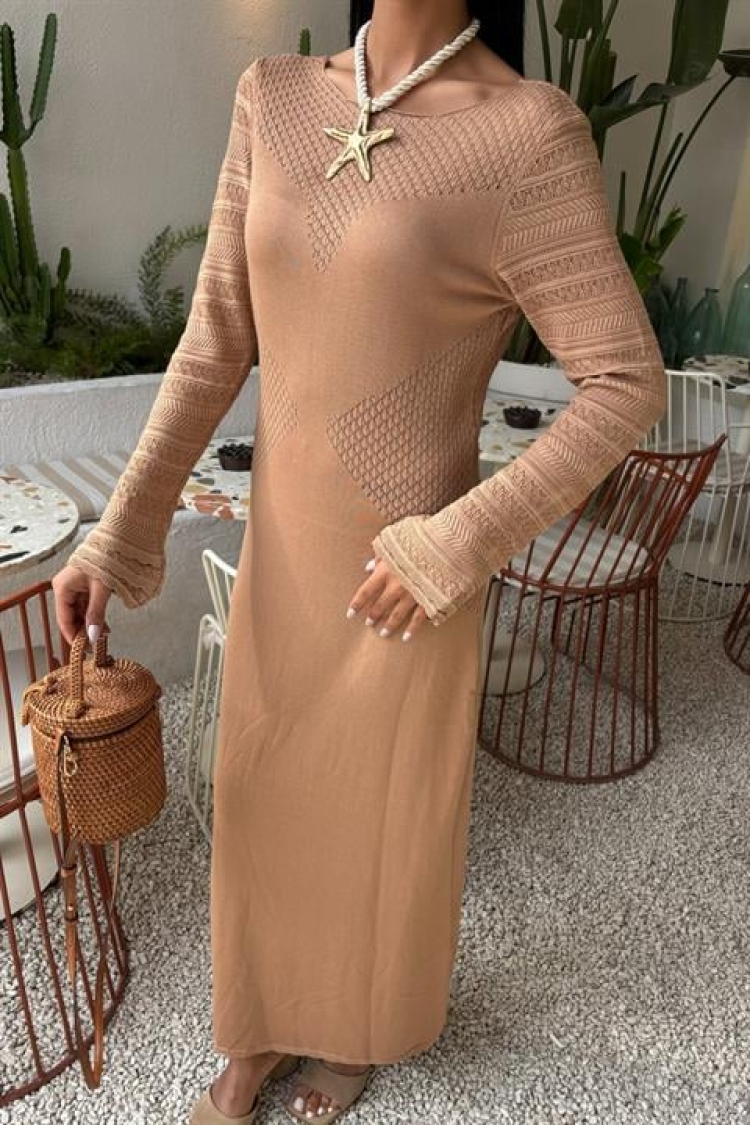 Openwork Detailed Crew Neck Sweater Dress