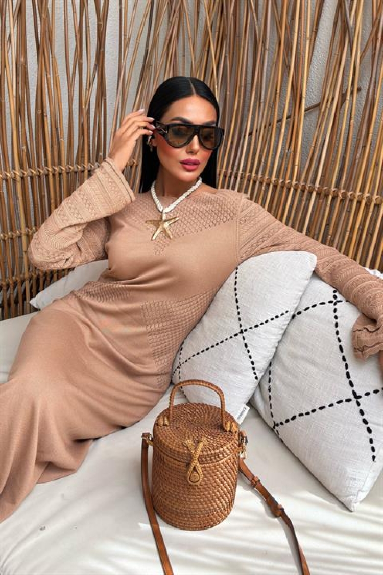 Openwork Detailed Crew Neck Sweater Dress