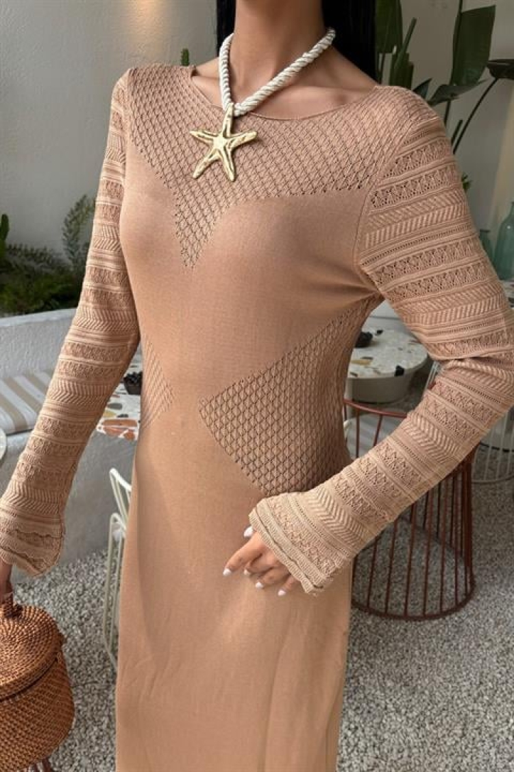 Openwork Detailed Crew Neck Sweater Dress