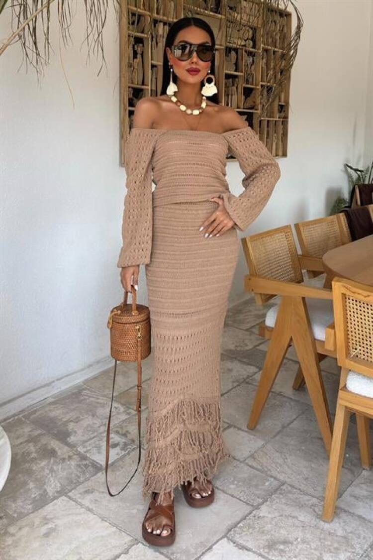 Watermelon Sleeve Ethnic Knitwear Suit - Mocha - Sobe Istanbul - Globality Store - Women Clothes Wholesale Turkey