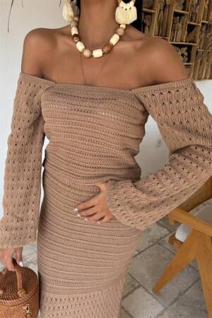 Watermelon Sleeve Ethnic Knitwear Suit - Mocha - Sobe Istanbul - Globality Store - Women Clothes Wholesale Turkey