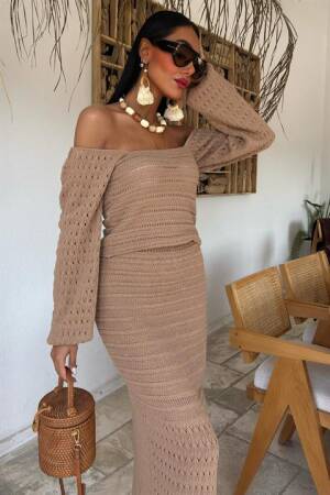 Watermelon Sleeve Ethnic Knitwear Suit - Mocha - Sobe Istanbul - Globality Store - Women Clothes Wholesale Turkey