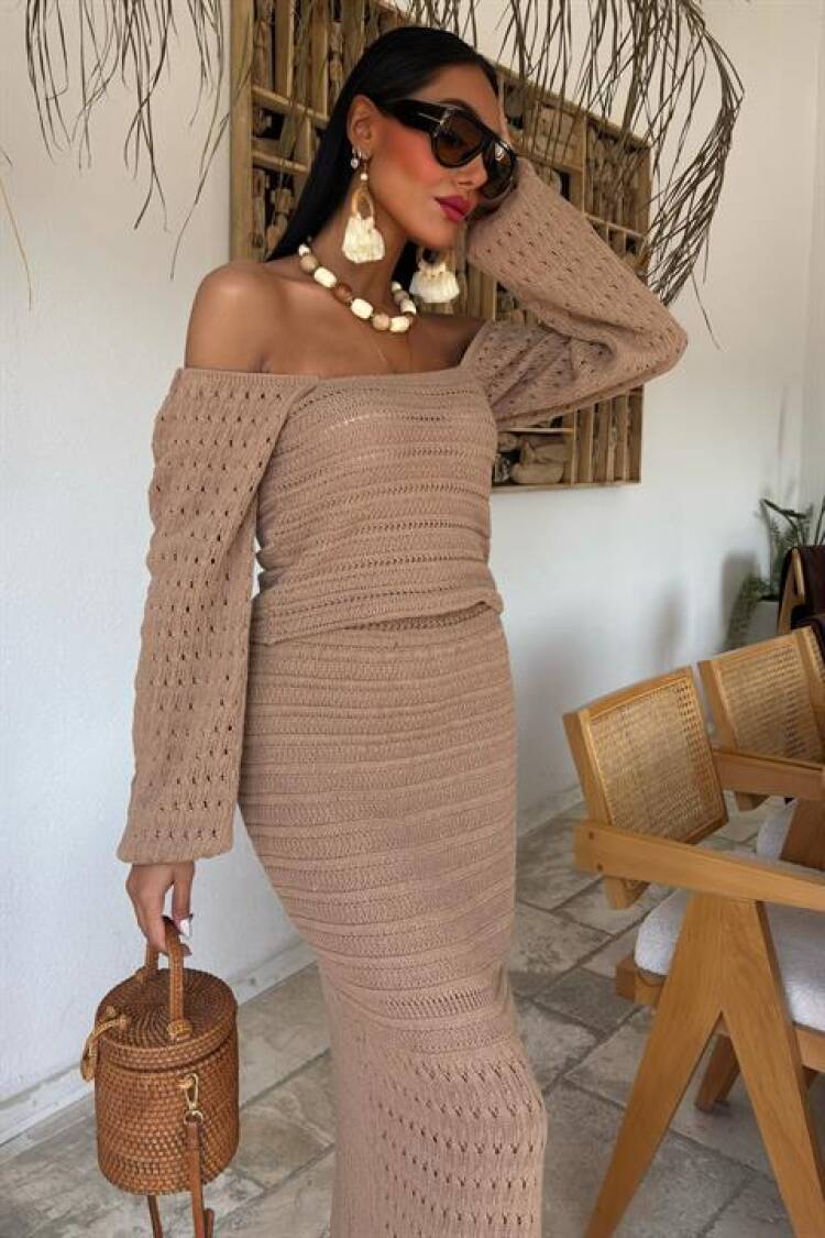 Watermelon Sleeve Ethnic Knitwear Suit - Mocha