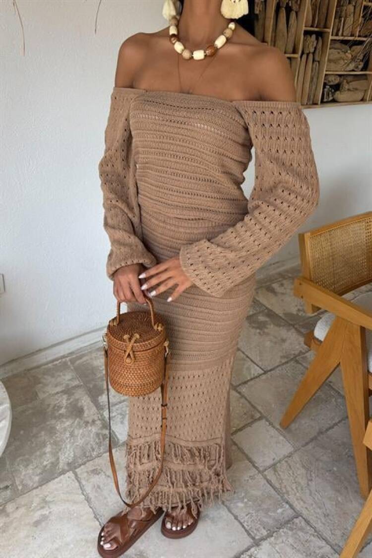 Watermelon Sleeve Ethnic Knitwear Suit - Mocha