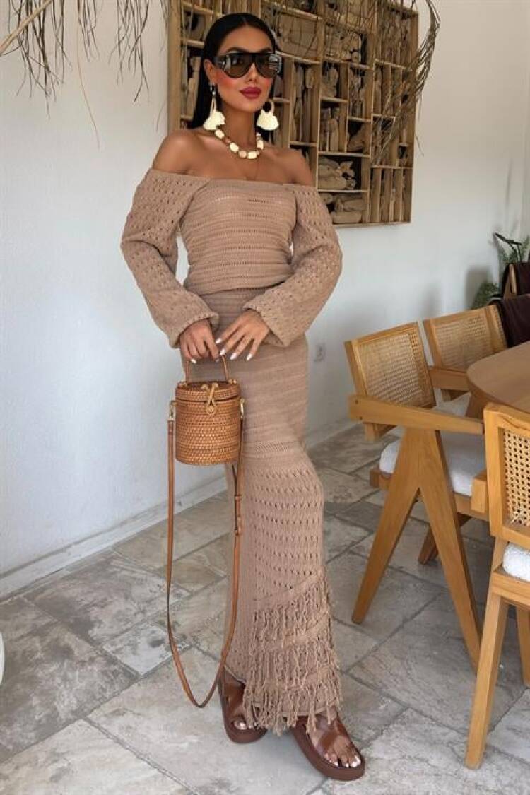 Watermelon Sleeve Ethnic Knitwear Suit - Mocha
