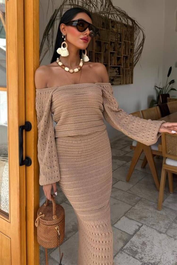Watermelon Sleeve Ethnic Knitwear Suit - Mocha