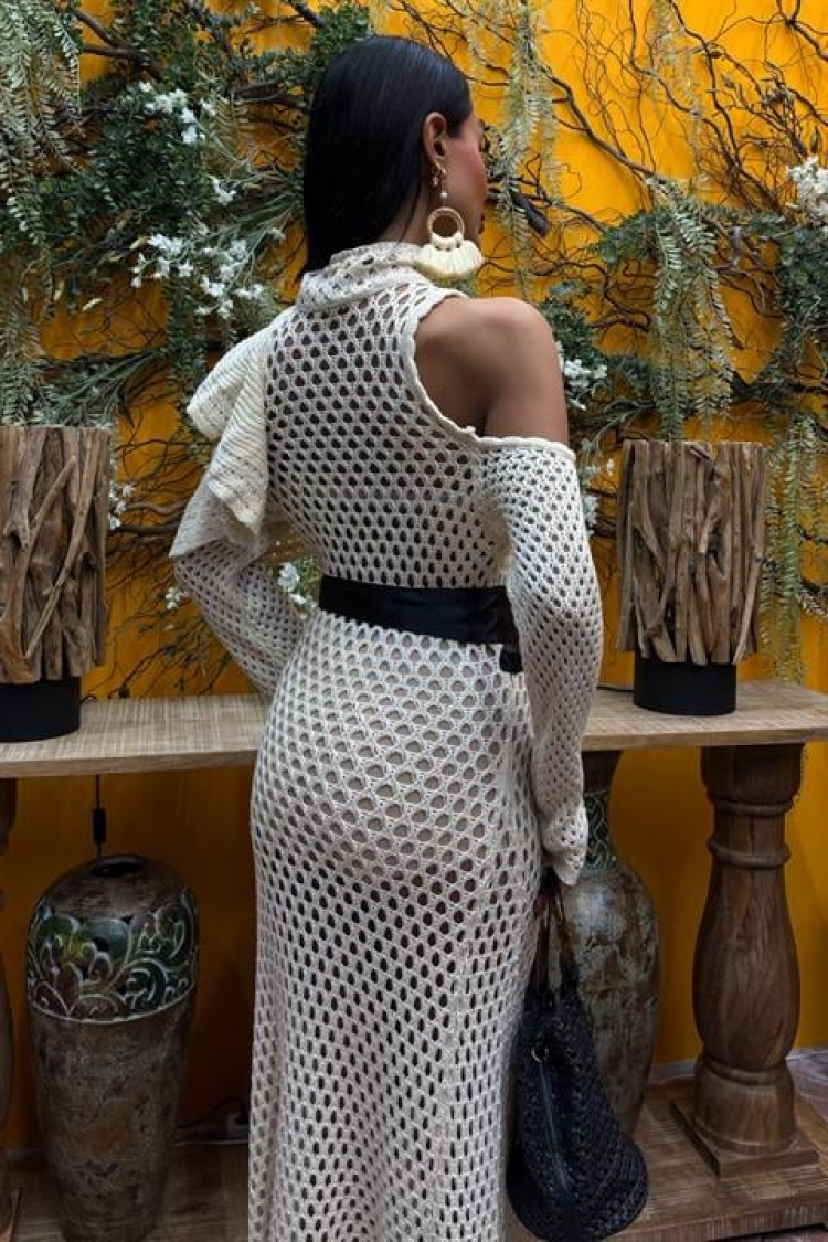 Satin Belt Openwork Knitwear Dress