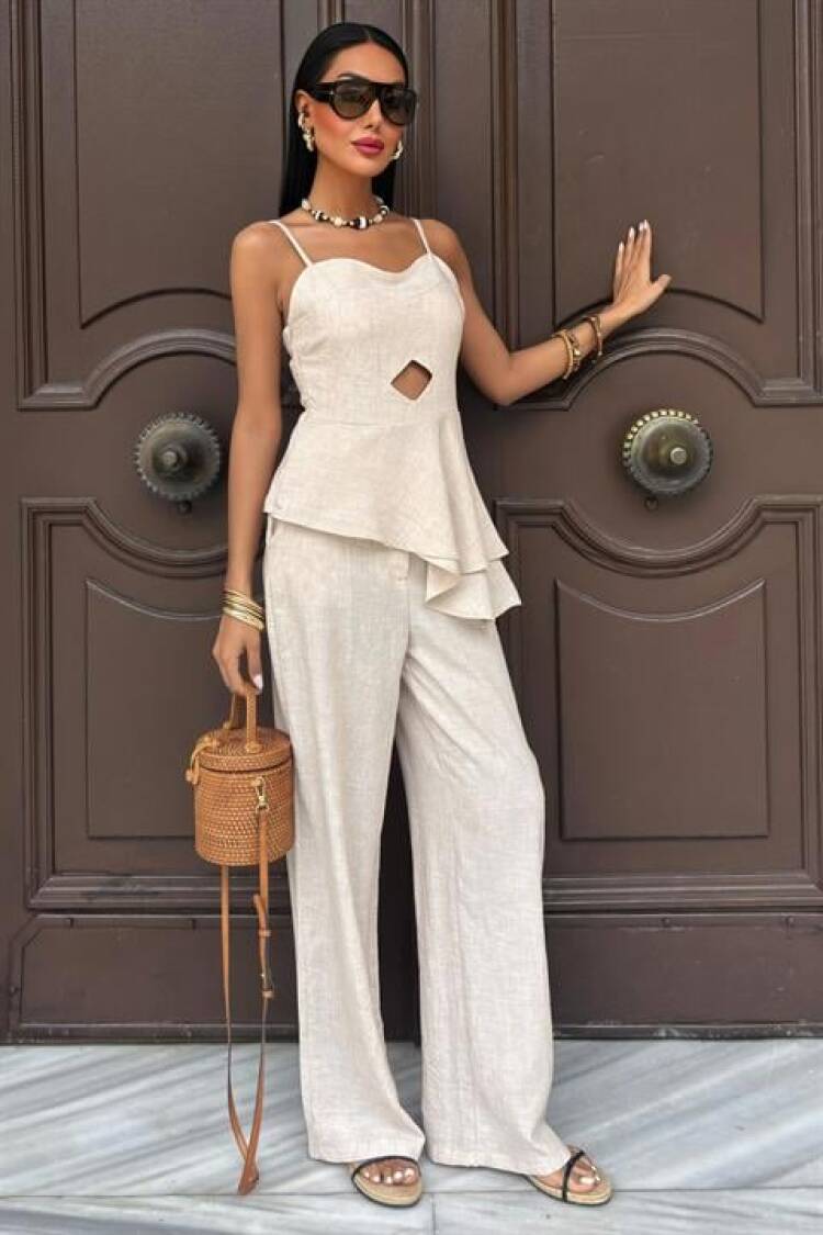 Chest Window Ruffle Detail Flamed Linen Suit - Sobe Istanbul - Globality Store - Women Clothes Wholesale Turkey