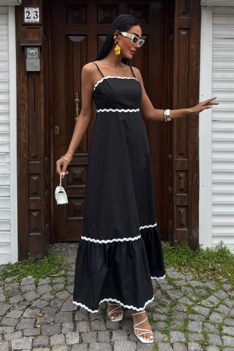 Wavy Stripe Detail Strappy Poplin Dress - Black - Sobe Istanbul - Globality Store - Women Clothes Wholesale Turkey