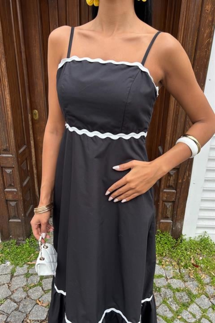 Wavy Stripe Detail Strappy Poplin Dress - Black