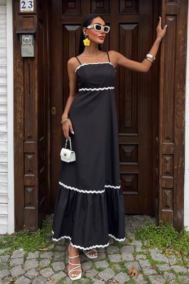 Wavy Stripe Detail Strappy Poplin Dress - Black