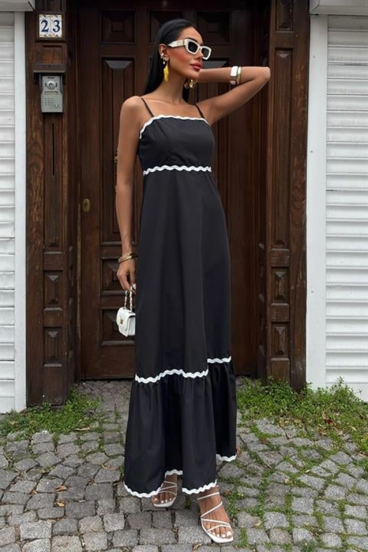 Wavy Stripe Detail Strappy Poplin Dress - Black