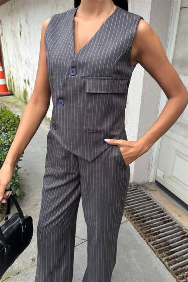 Vest Cross Detail Button Pocket Vest Suit