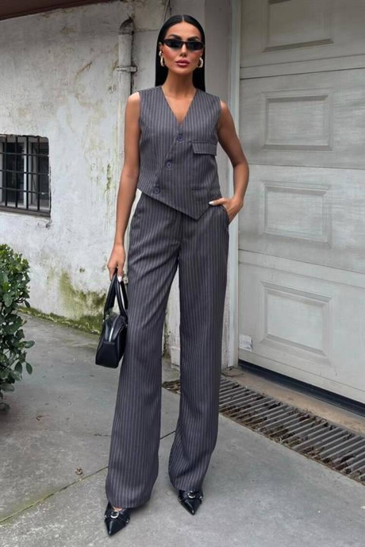 Vest Cross Detail Button Pocket Vest Suit - Sobe Istanbul - Globality Store - Women Clothes Wholesale Turkey