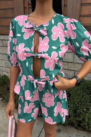Front Tie Floral Pattern Poplin Suit - Multicolor - Sobe Istanbul - Globality Store - Women Clothes Wholesale Turkey