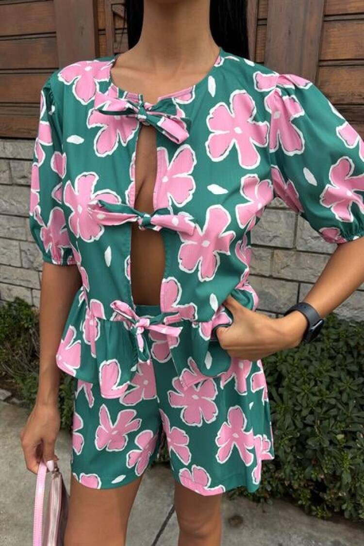 Front Tie Floral Pattern Poplin Suit - Multicolor