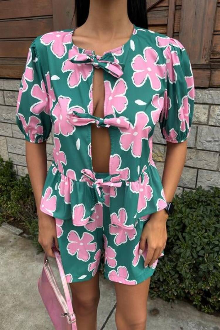 Front Tie Floral Pattern Poplin Suit - Multicolor