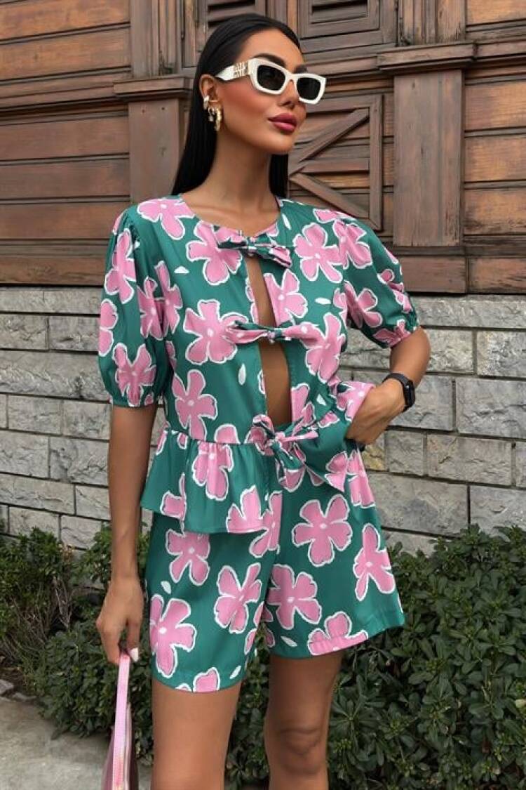 Front Tie Floral Pattern Poplin Suit - Multicolor
