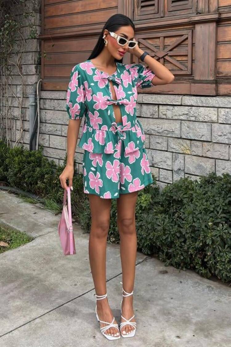 Front Tie Floral Pattern Poplin Suit - Multicolor