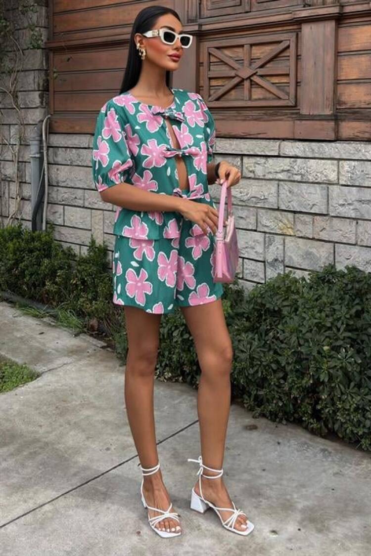 Front Tie Floral Pattern Poplin Suit - Multicolor