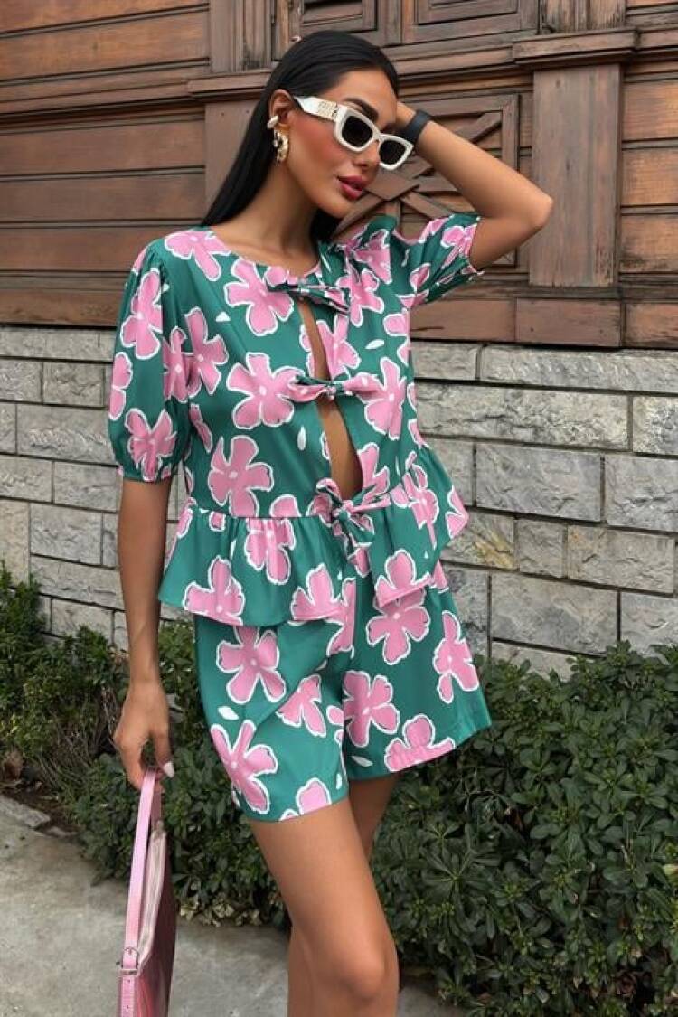 Front Tie Floral Pattern Poplin Suit - Multicolor