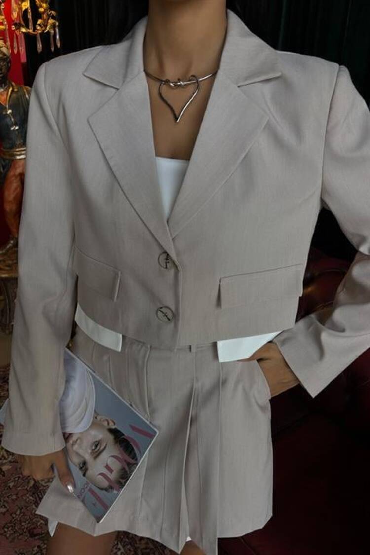 Garnished Suit With Crop Jacket And Pile Skirt