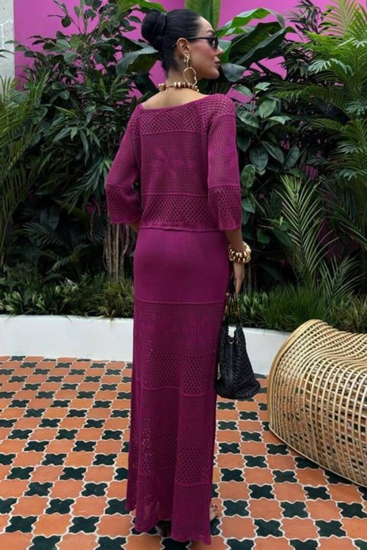 Boat Neck Half Sleeve Openwork Knitwear Suit - Purple