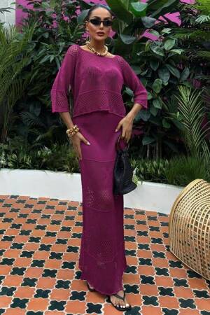 Boat Neck Half Sleeve Openwork Knitwear Suit - Purple - Sobe Istanbul - Globality Store - Women Clothes Wholesale Turkey