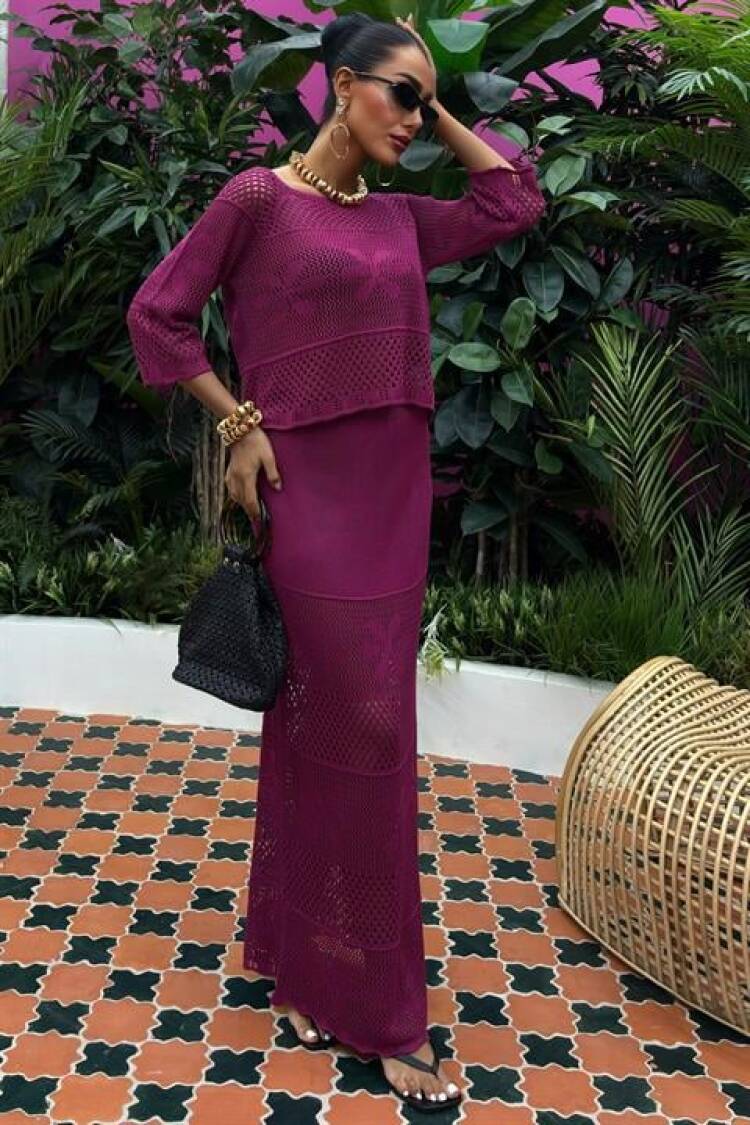 Boat Neck Half Sleeve Openwork Knitwear Suit - Purple