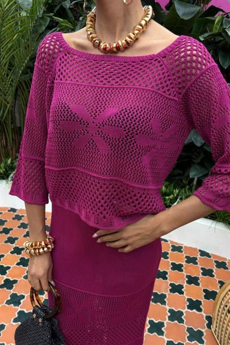 Boat Neck Half Sleeve Openwork Knitwear Suit - Purple