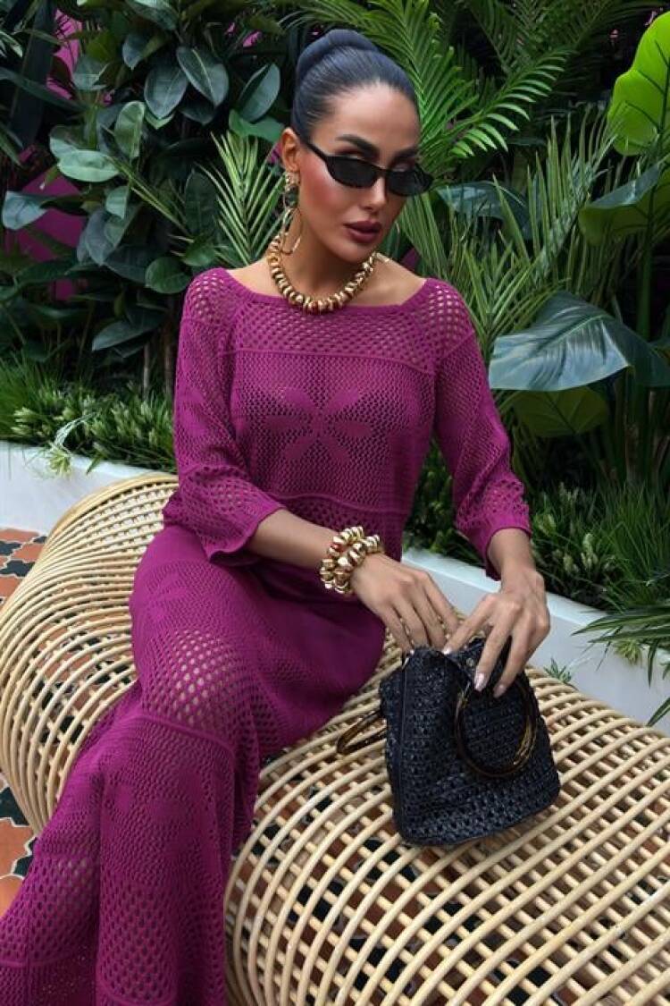 Boat Neck Half Sleeve Openwork Knitwear Suit - Purple