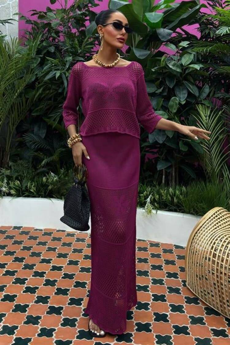 Boat Neck Half Sleeve Openwork Knitwear Suit - Purple - Sobe Istanbul - Globality Store - Women Clothes Wholesale Turkey