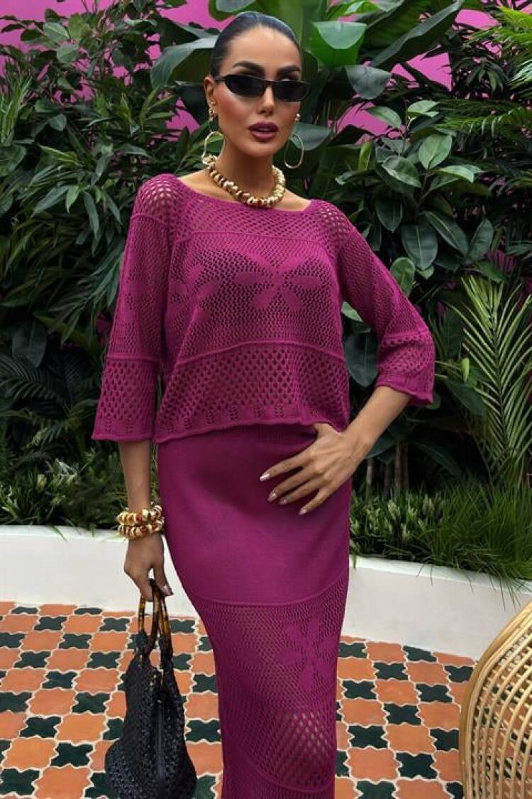 Boat Neck Half Sleeve Openwork Knitwear Suit - Purple
