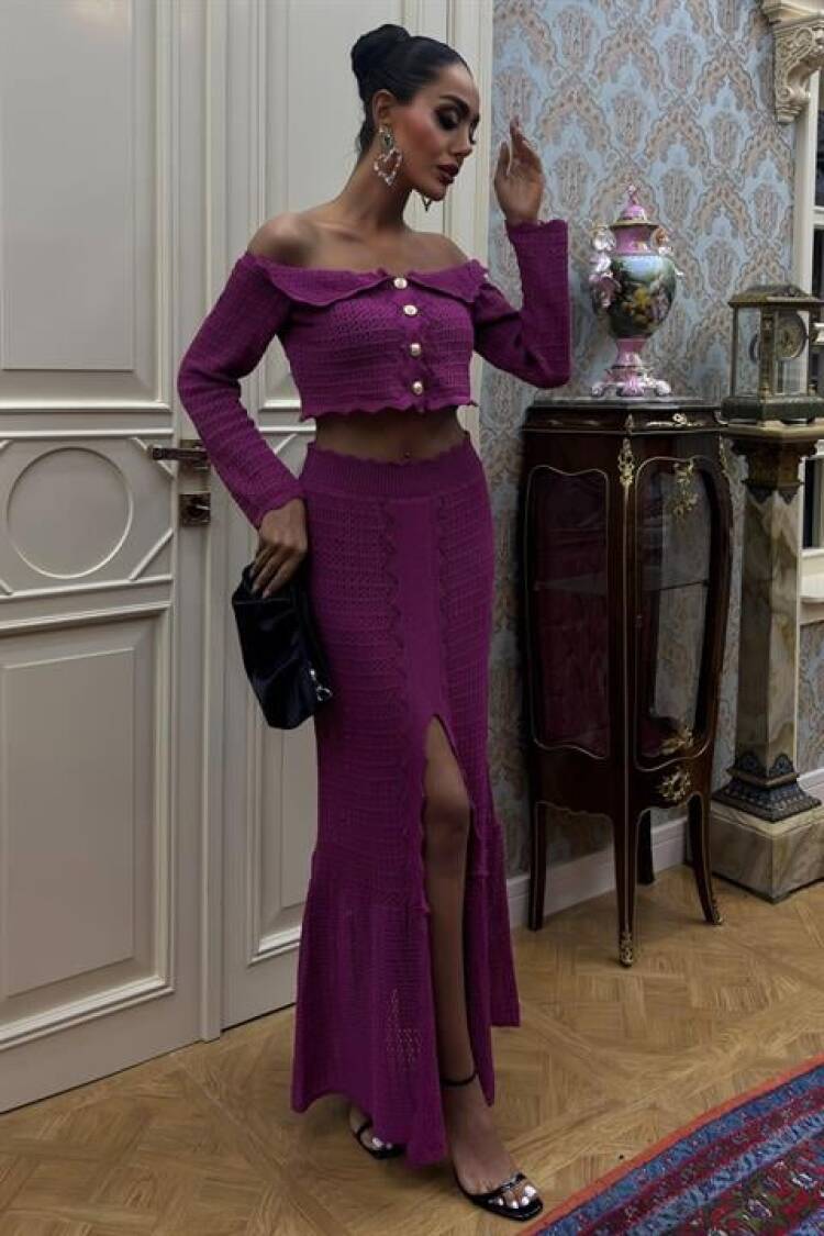 Madonna Neckline Chic Sweater Set With Deep Slit Skirt - Sobe Istanbul - Globality Store - Women Clothes Wholesale Turkey