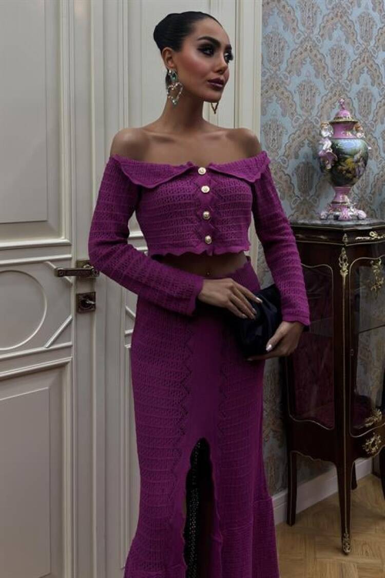 Madonna Neckline Chic Sweater Set With Deep Slit Skirt