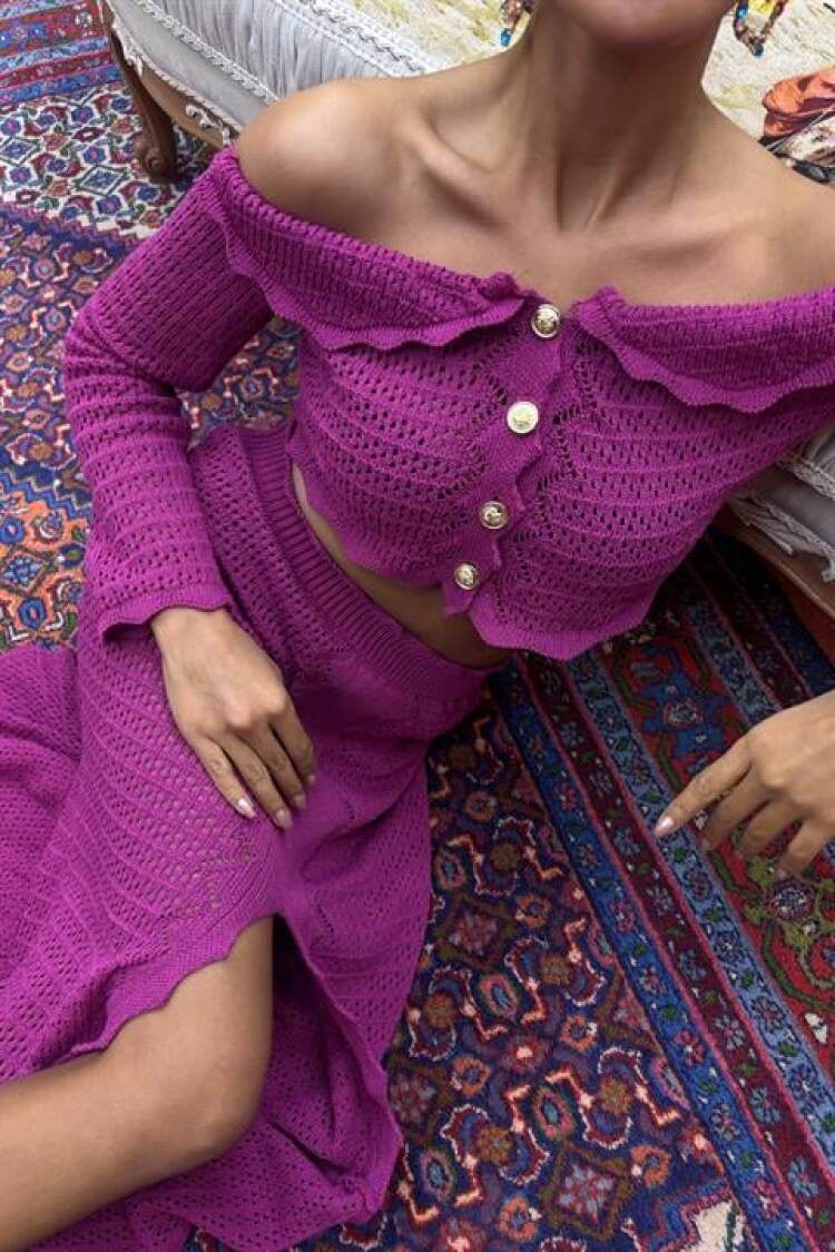 Madonna Neckline Chic Sweater Set With Deep Slit Skirt