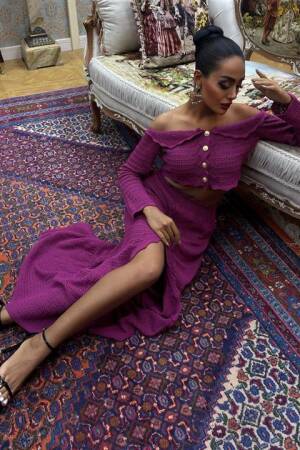 Madonna Neckline Chic Sweater Set With Deep Slit Skirt - Sobe Istanbul - Globality Store - Women Clothes Wholesale Turkey