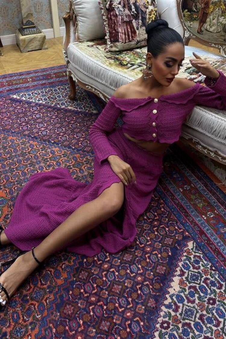 Madonna Neckline Chic Sweater Set With Deep Slit Skirt