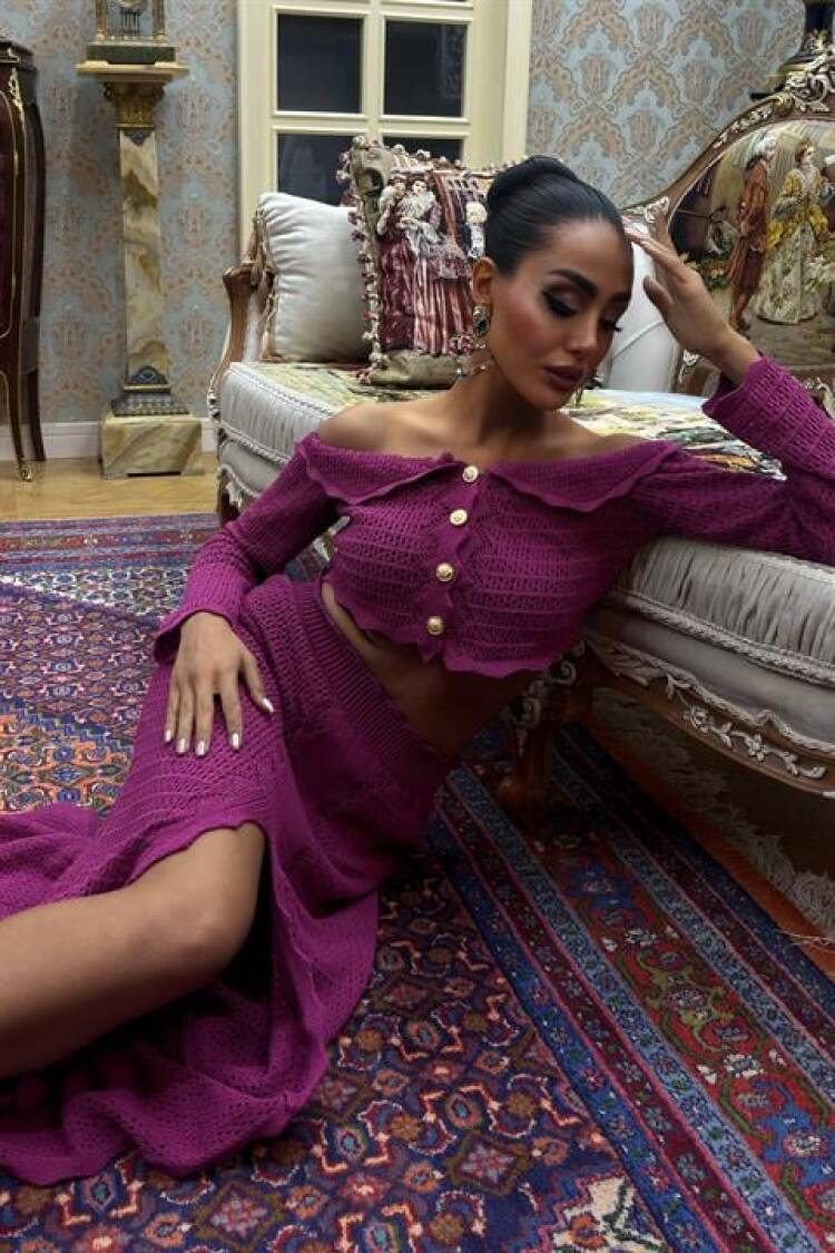 Madonna Neckline Chic Sweater Set With Deep Slit Skirt